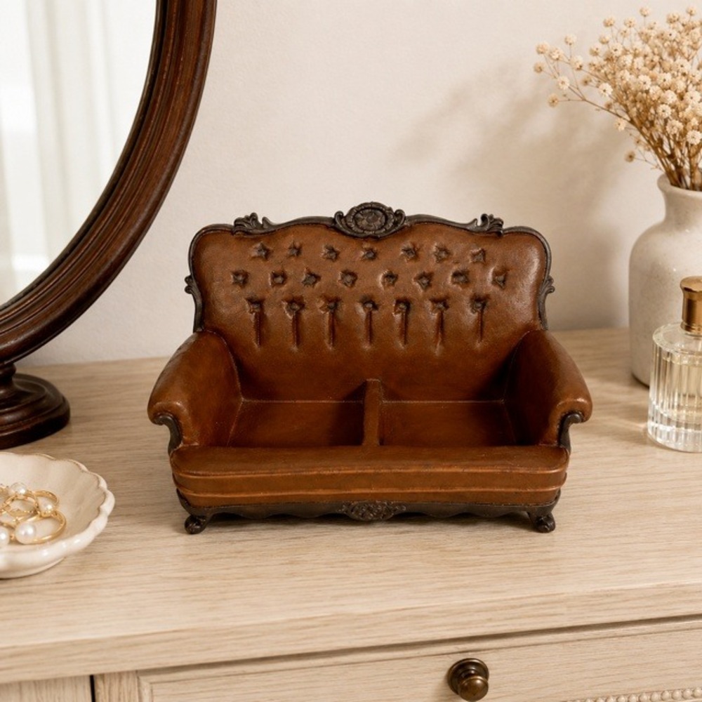Collections Etc Brown Tufted Resin Couch Jewelry Trinket Holder 9" Victorian